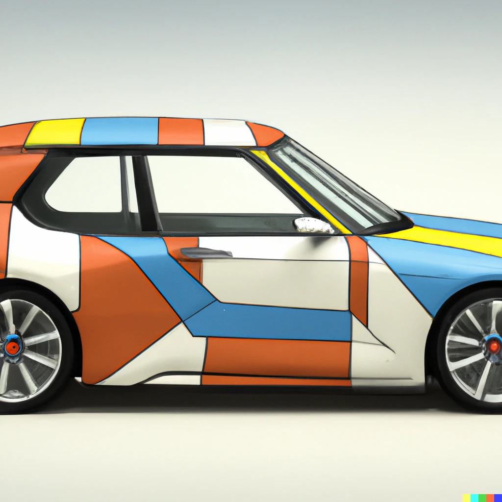 Prompt: A BMW iX designed by Piet Mondrian