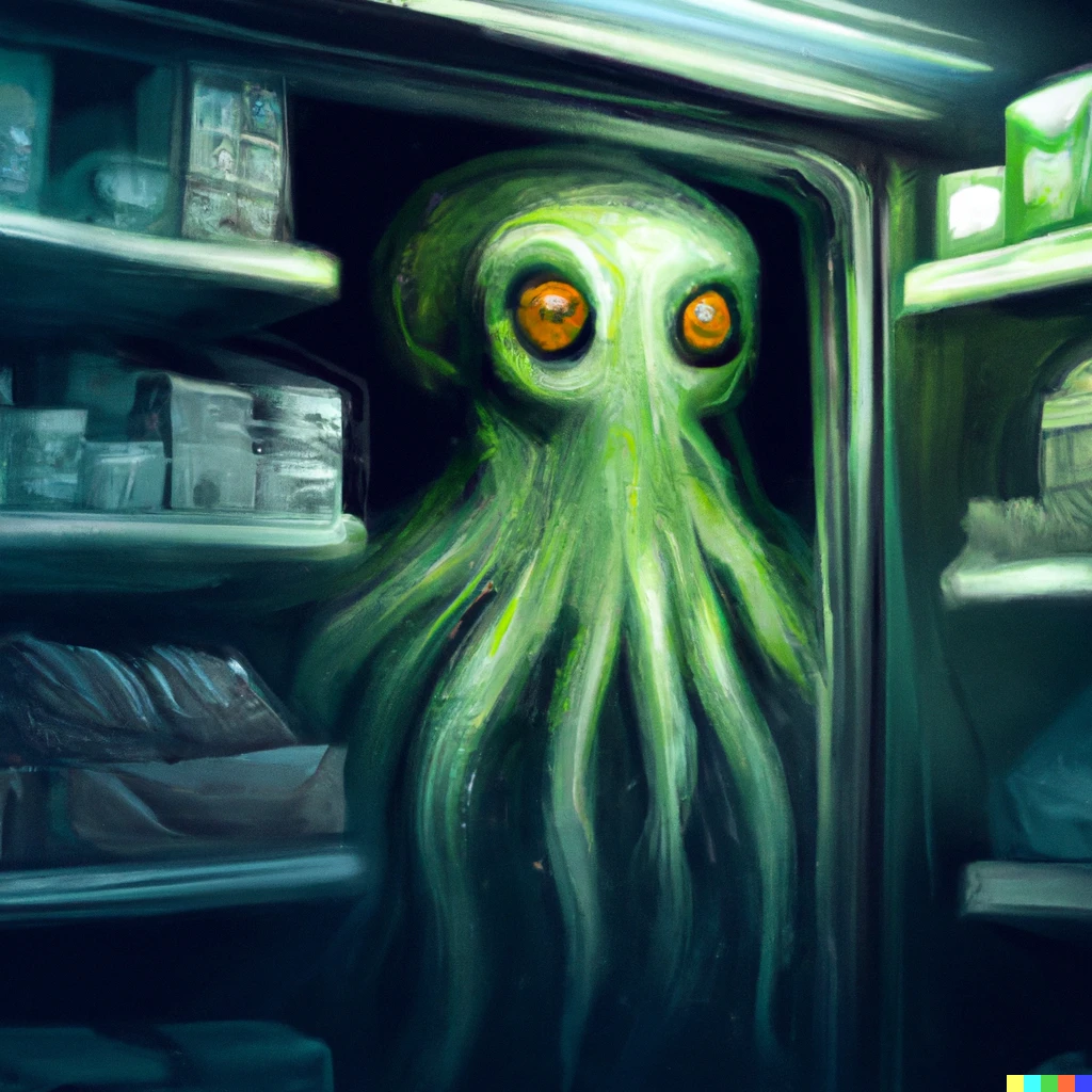 Prompt: Cthulhu trapped in a supermarket freezer.  Digital art. Trending on artstation.