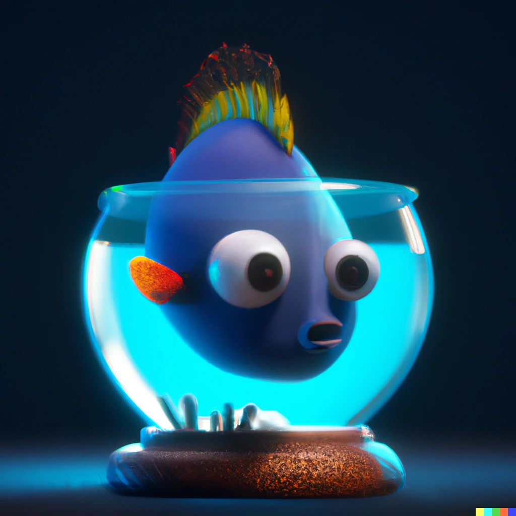 Prompt: 3D render of a cute tropical fish in an aquarium on a dark blue background, digital art