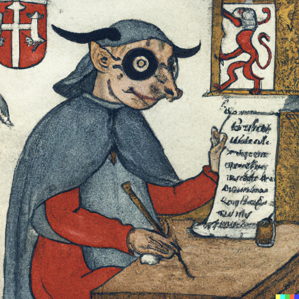 Prompt: A 15th century German illustration of a demon wearing glasses to read a legal document, complete with demonic seal