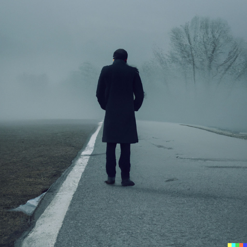 Konstantin × DALL·E | A man in a coat standing in the middle of a foggy ...