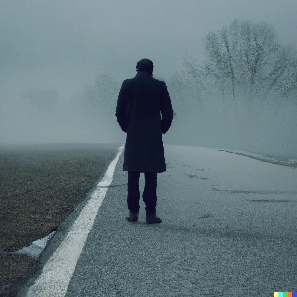 Prompt: A man in a coat standing in the middle of a foggy road