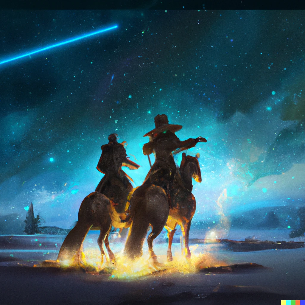 Prompt: two space cowboys ride their horses in a  outer space, digital art