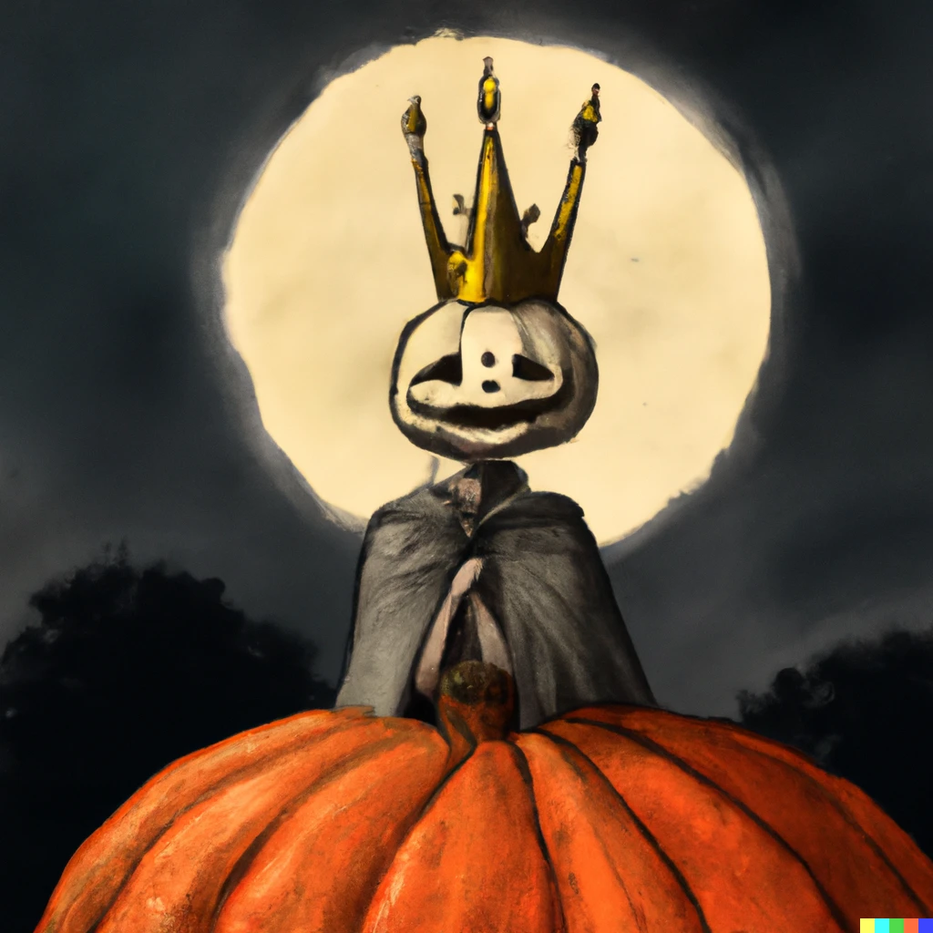 Prompt: Digital art pumpkin headed ghost being crowned king under the harvest moon