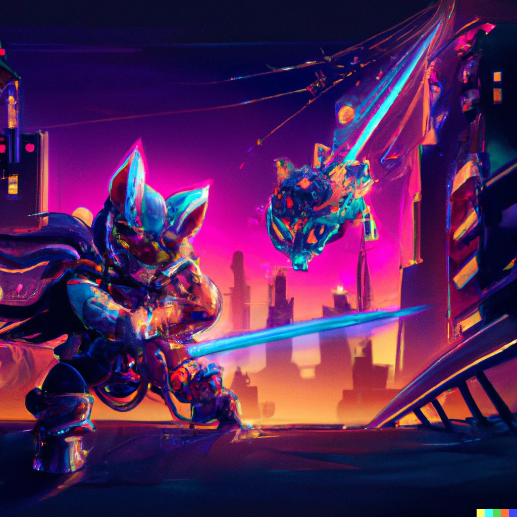 Prompt: samurai cat fighting with an evil archer bat with his katana in a cyberpunk city in synthwave style