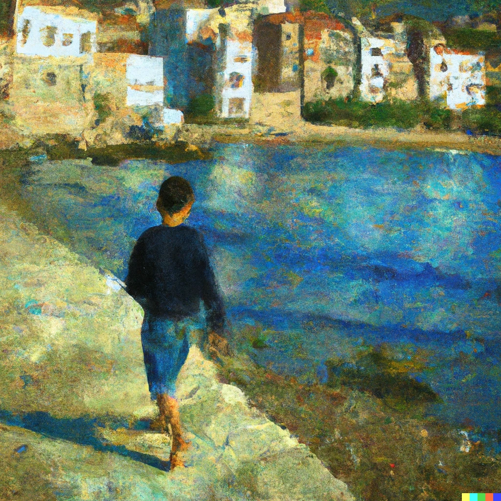 Prompt: a boy strolling in a small town by the sea in Oil painting 