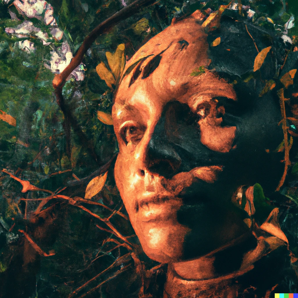 Prompt: A DSLR-quality sculpture of a woman's head with cyborg facial features. Located in a dense forest, around sunrise. 
