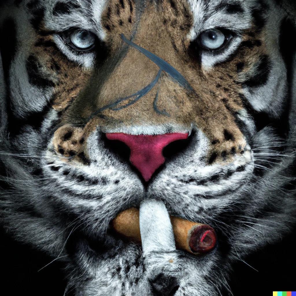 Prompt: a photorealistic closeup of tiger’s face with a cigar on its mouth