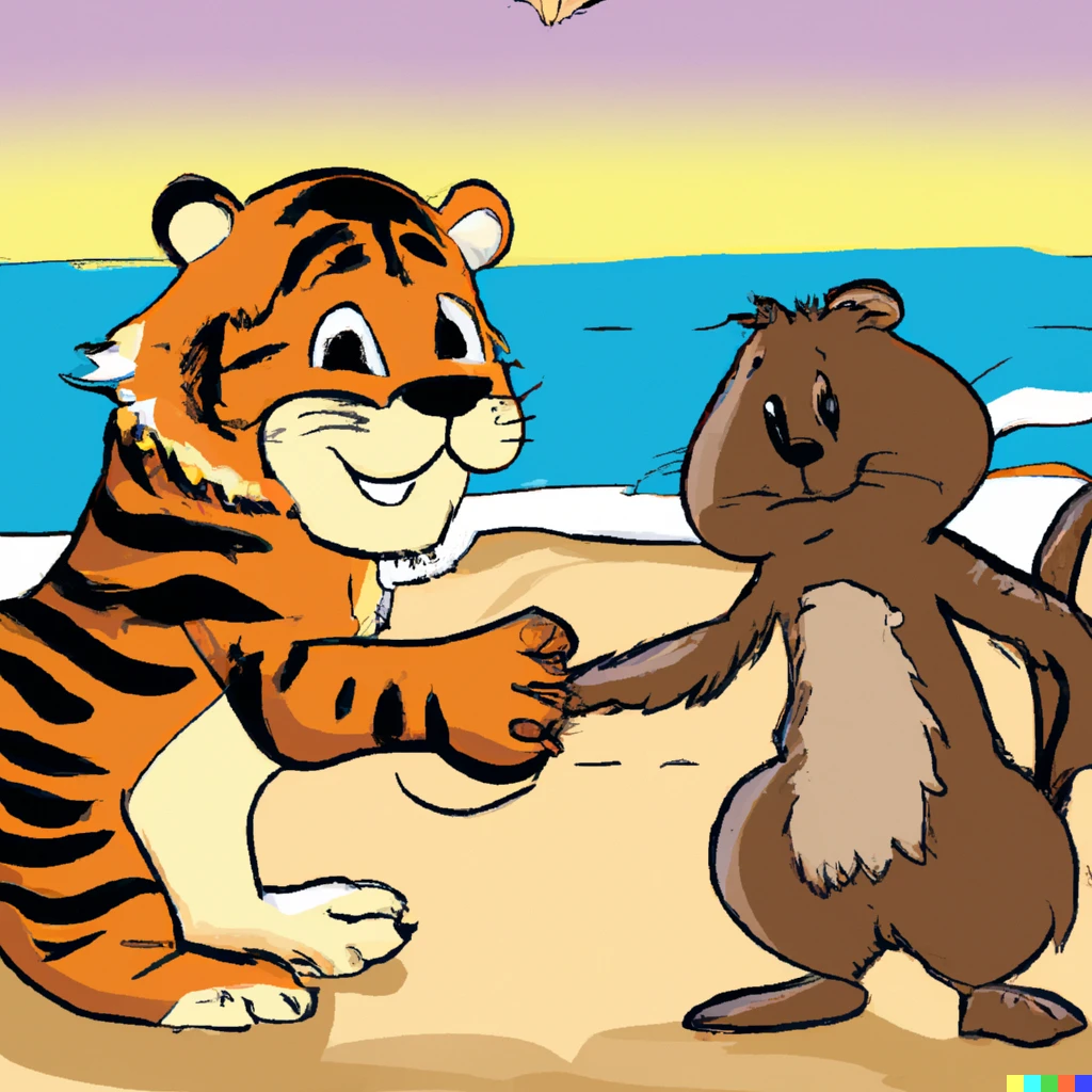 Prompt: a beaver shaking hands with a tiger on the beach