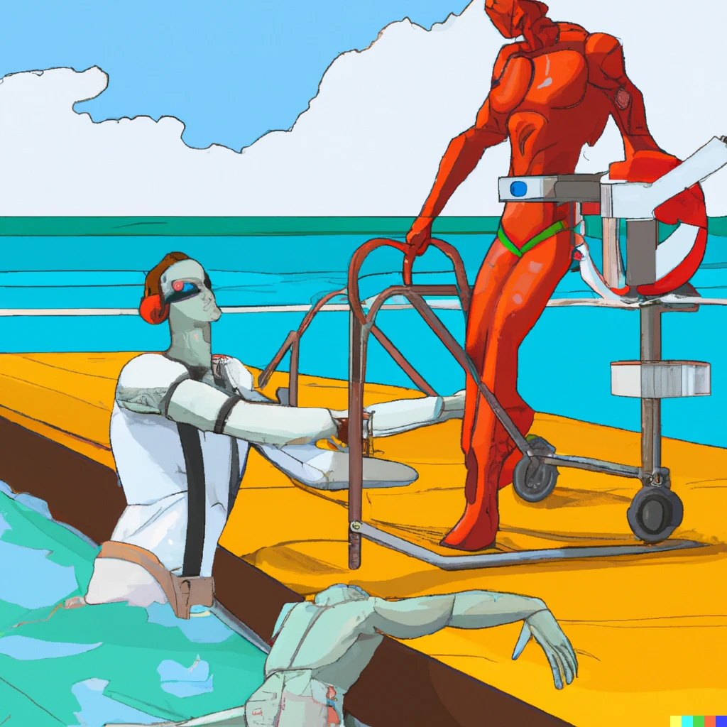 Prompt: a dystopian lifeguard attempting to rescue his own cyborg clone