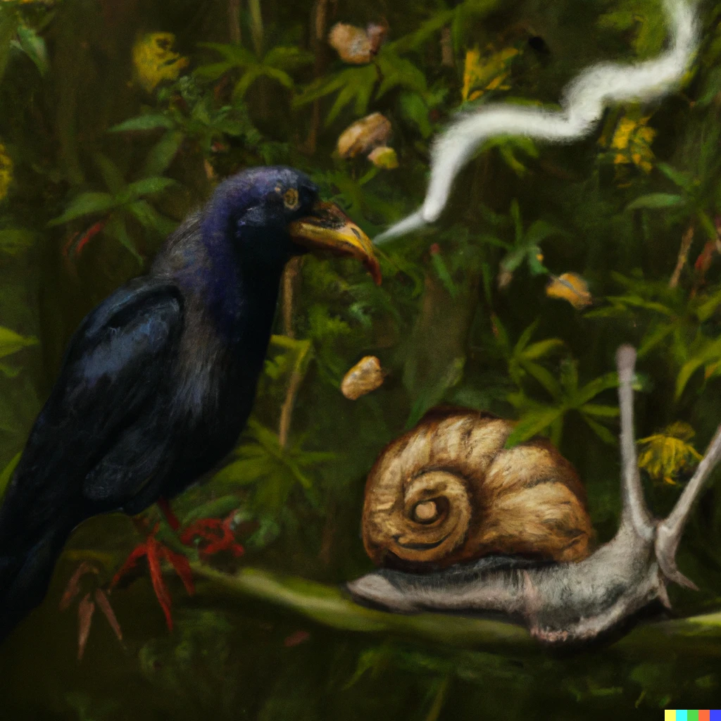 Prompt: “A snail and a raven smoking weed in the forest. Painted by Vincent van Gogh."