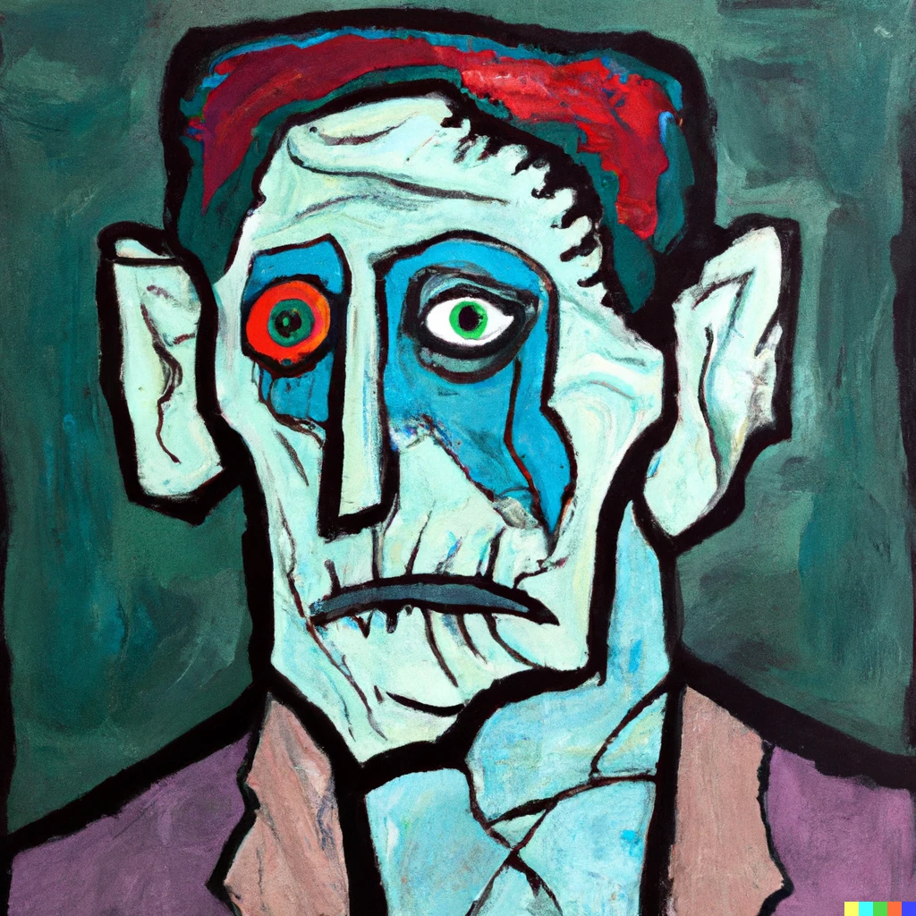 Prompt: A portrait of a zombie. Painted by Picasso.
