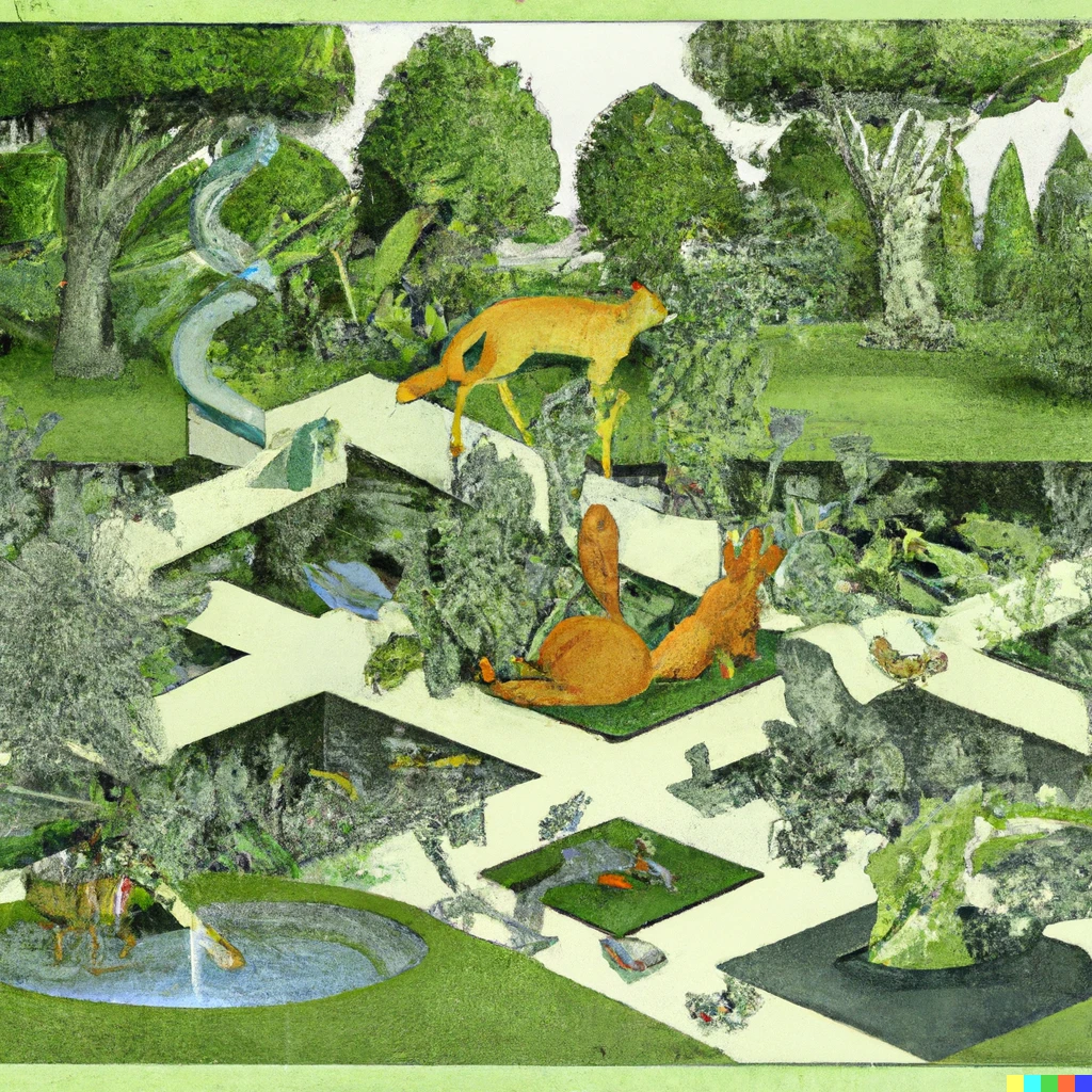 Prompt: A botanical garden with animals. Painted by Escher.