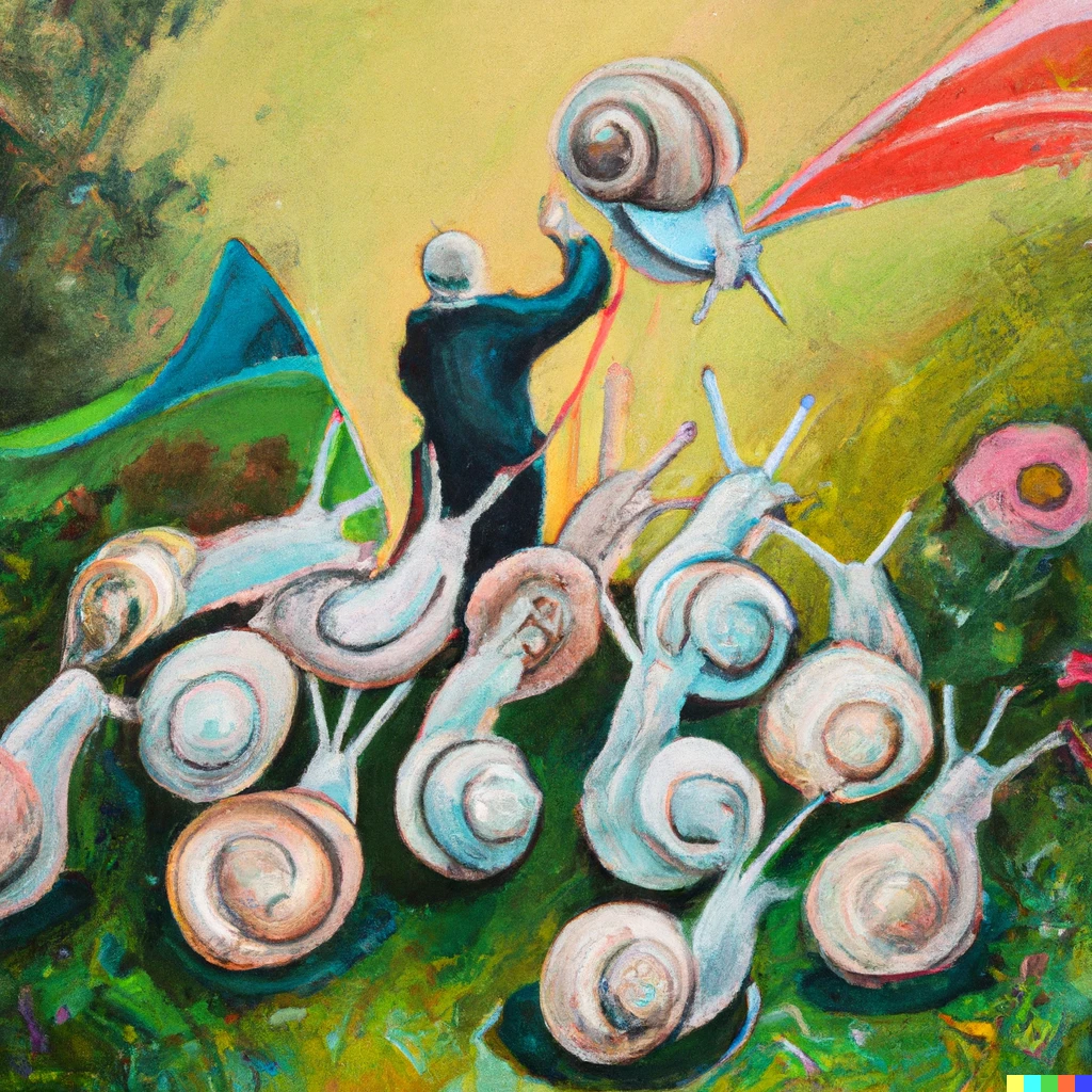 Prompt: Leonard Bernstein conducting orchestra of snails on a summer day, style Mary Cassatt