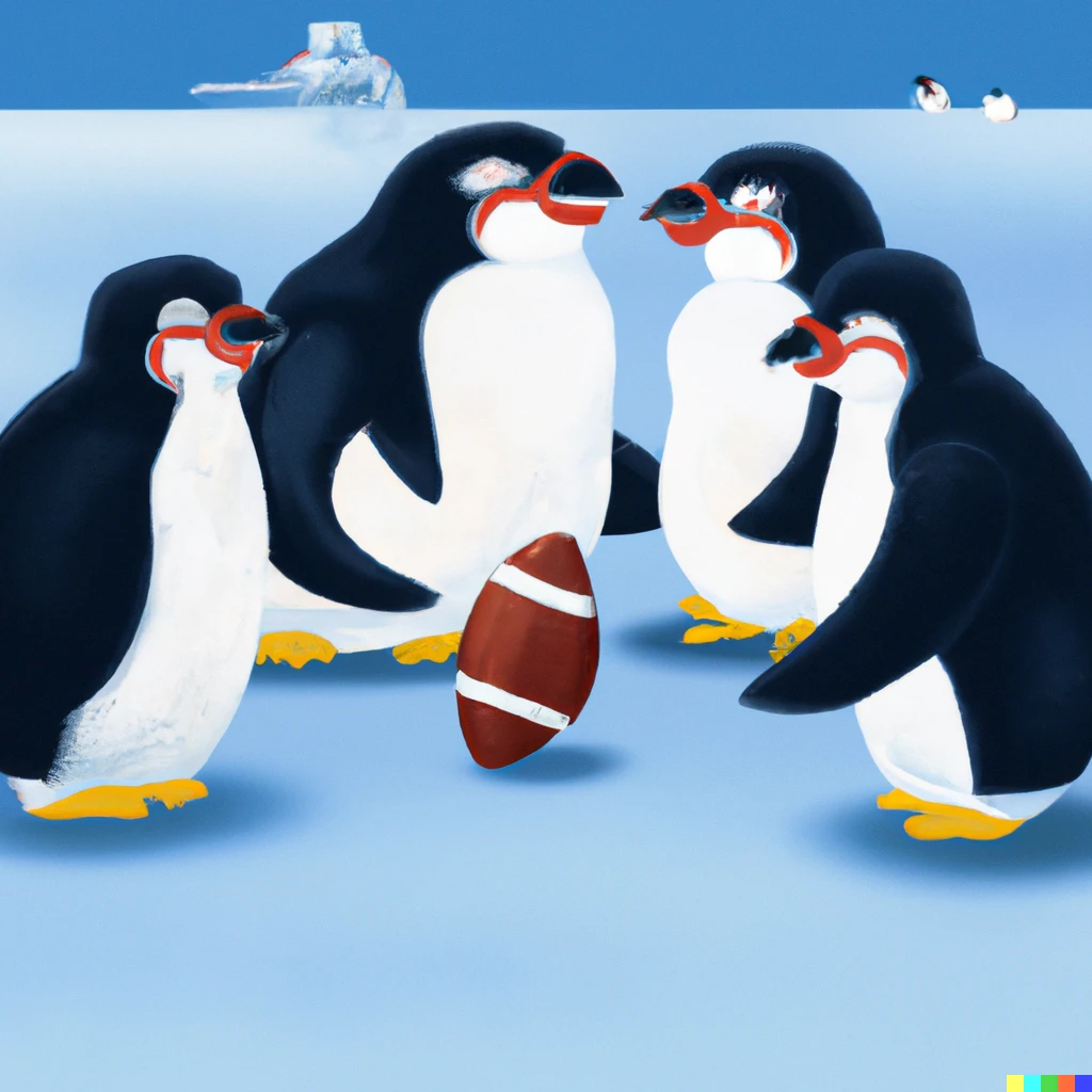 Prompt: penguins play american football in the artics 