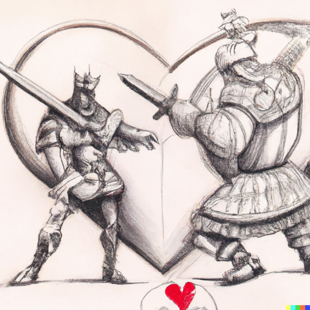 Prompt: the king of hearts from the card deck is killing the king of spades with a sword as pencil art
