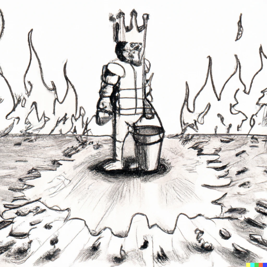 Prompt: in a world of fire, the ice bucket man is the king as  a pencil drawing