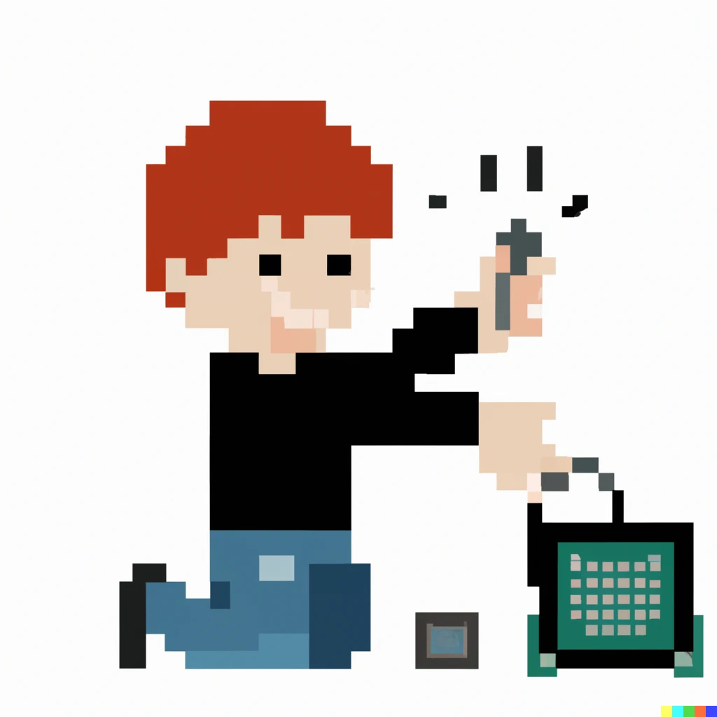 Prompt: pixel art of a boy playing with arduino