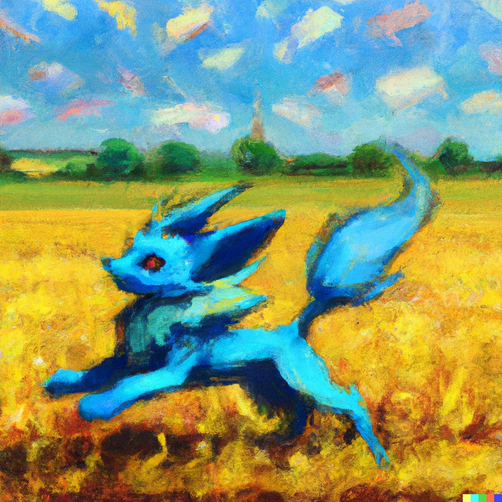 Prompt: An Impressionist painting of Vaporeon playing on a golden wheat field under a blue sky.