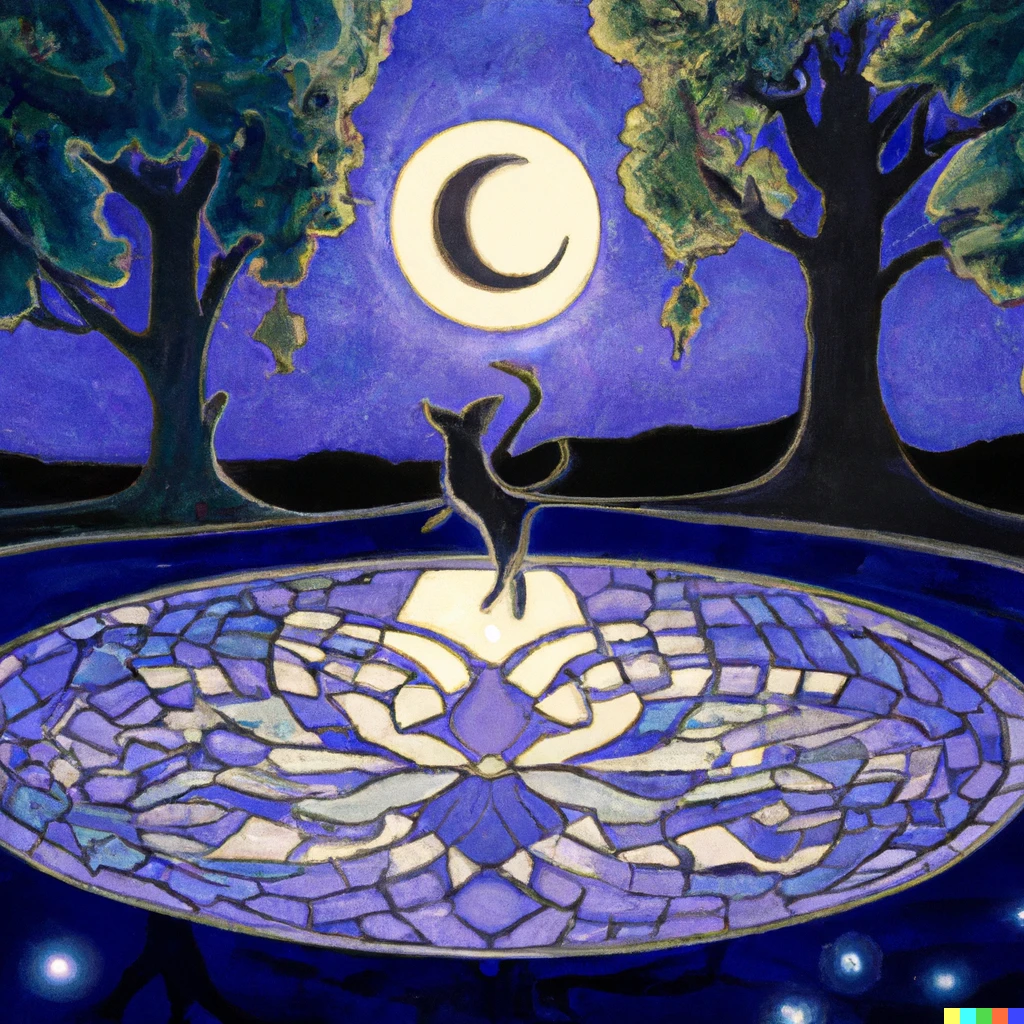 Prompt: An art nouveau mosaic of Espeon levitating above a circular pond surrounded by trees under a starry sky with a moon reflecting in the pond.