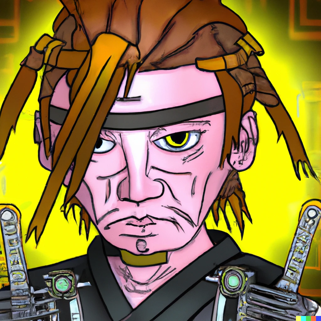 Prompt: Cyber punk samurai Todd Morr Rick and Morty style