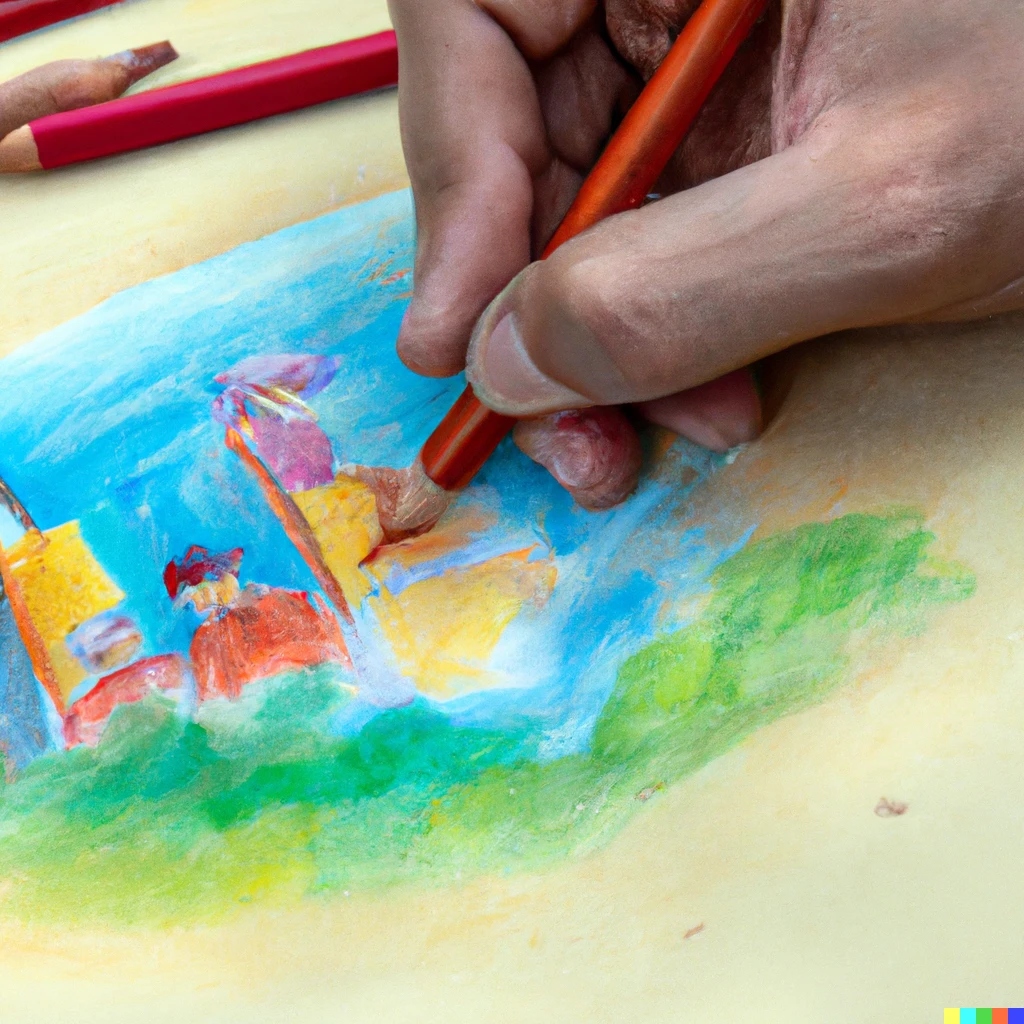 Prompt: A person painting a watercolor oil painting written with crayons
