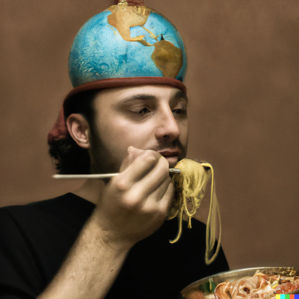 Prompt: a renaissance painting of a man with a world globe on his head while eating spagetti 