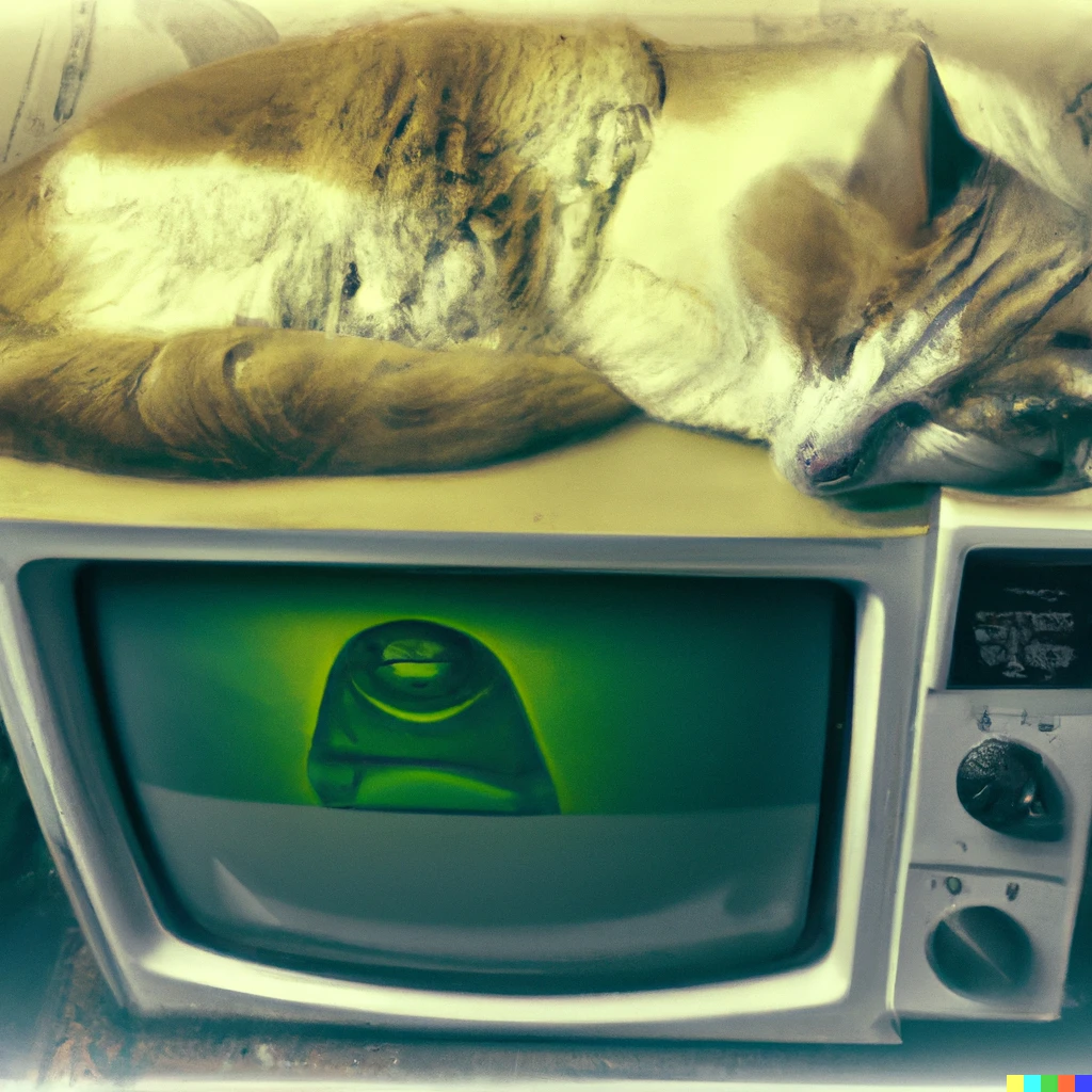 Prompt: A cat sleeping on top of old television in colorized 1935 photo