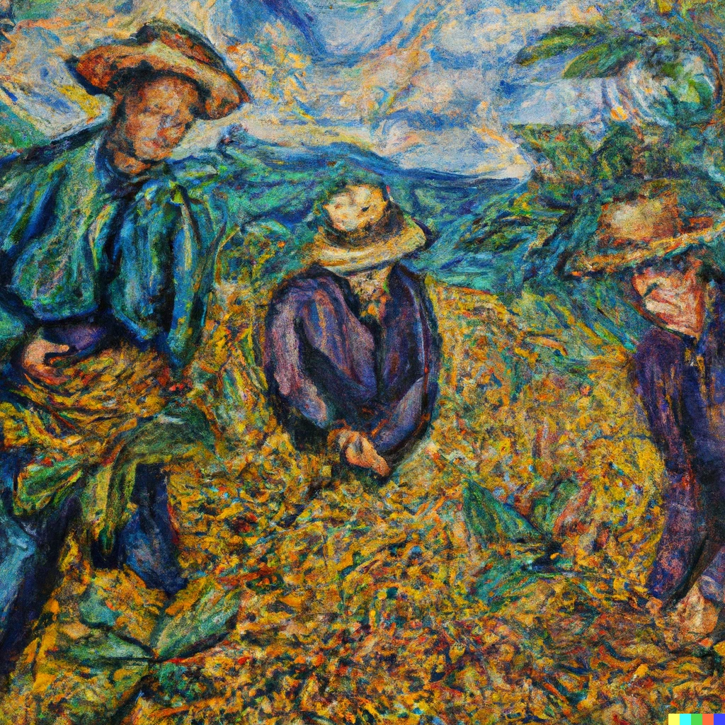 Prompt: Van Gogh painting of Colombian farmers harvesting coffee beans