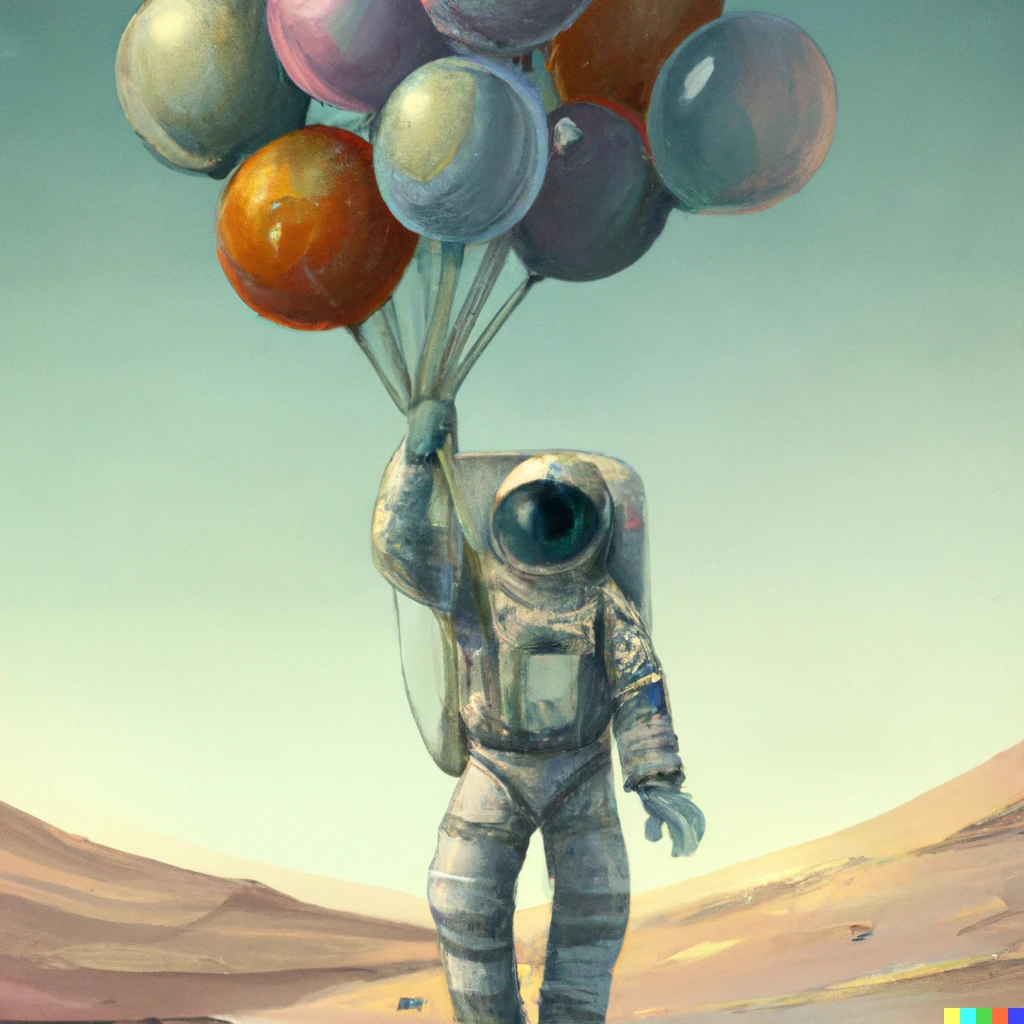 Prompt: science fiction novel cover art of an astronaut holding a bunch of balloons on an alien planet