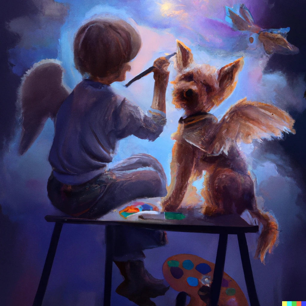 Prompt: angel painting the cosmos with a yorkie, digital art