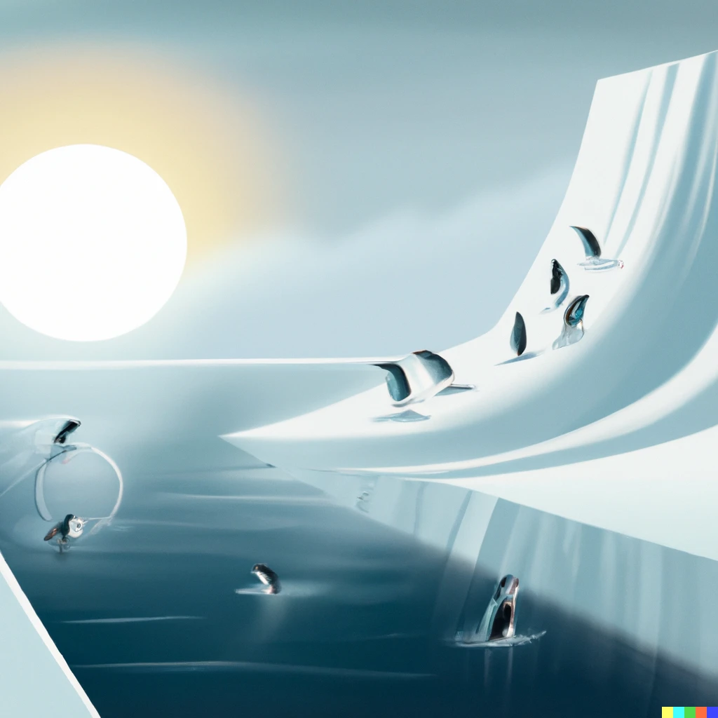 Prompt: An icy landscape, the sun on the horizon, there’s penguins sliding down an icy slope,  there’s penguins swimming in a large pool of water, in Antarctica, digital art