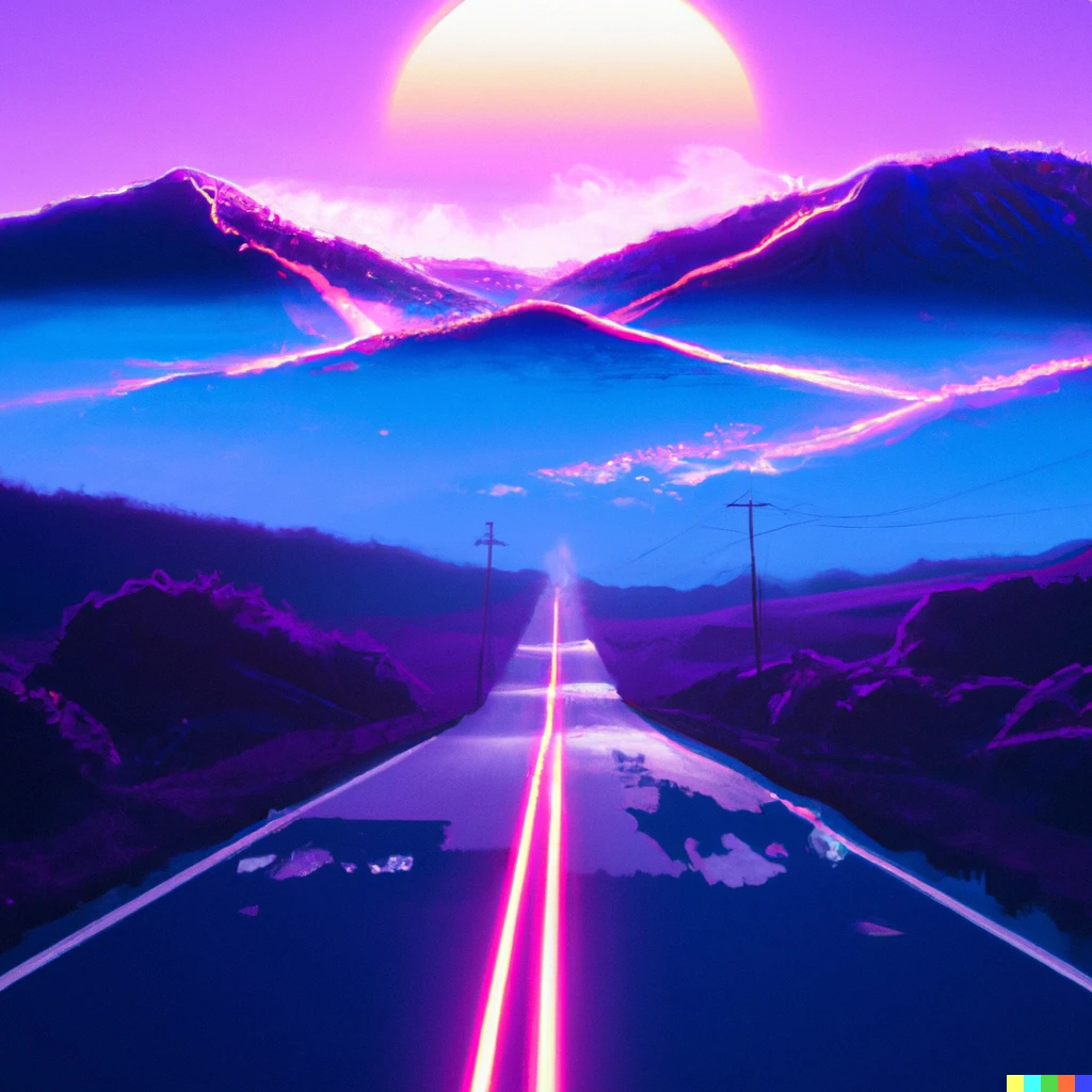 a road to a sunrise behind the mountains, synthwave | DALL·E 2 | OpenArt