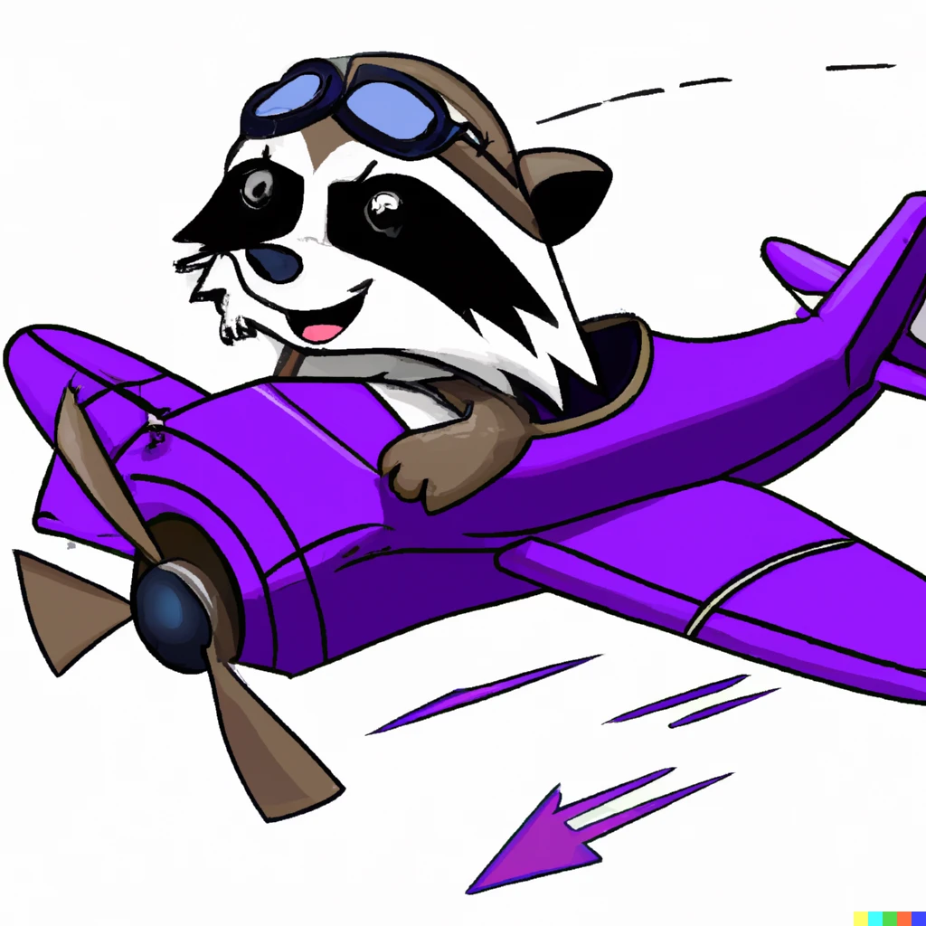 Prompt: puprple raccoon pilot flying a 737