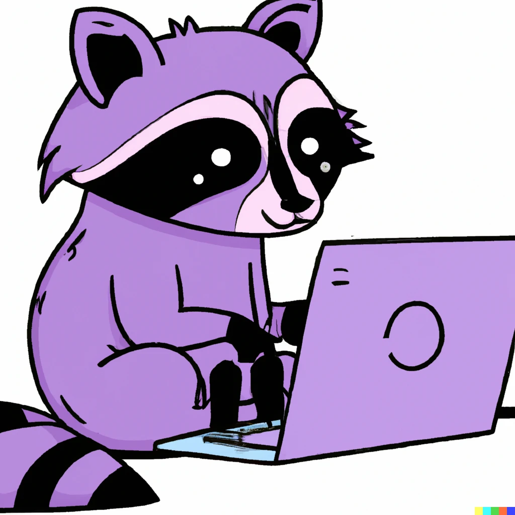 Prompt: purple raccoon using twitter on her laptop