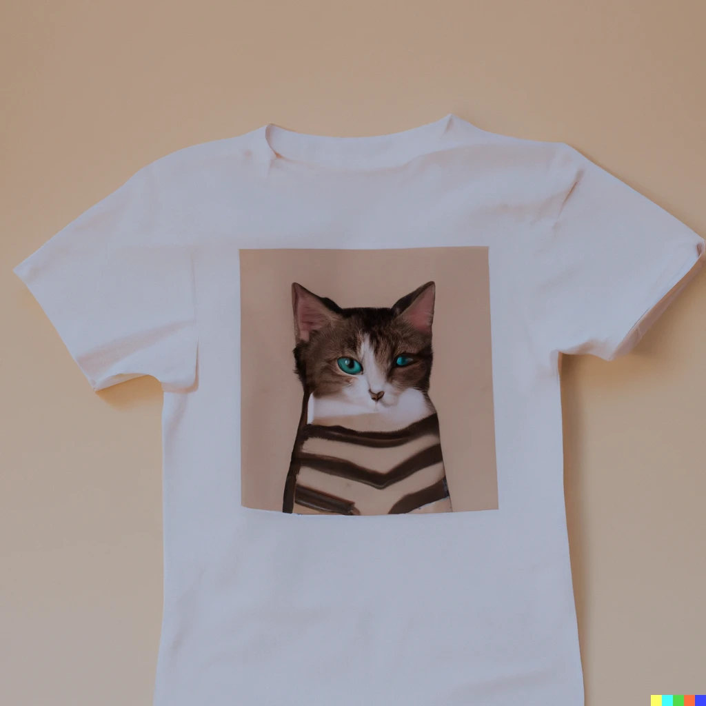 Prompt: This is a photo of a T-shirt with a cat on it. Only the cat's face is colored, while its body is represented by line drawings. The upper half of the cat's face is brown and the lower half is white. The background of the cat is light brown. The T-shirt is white.