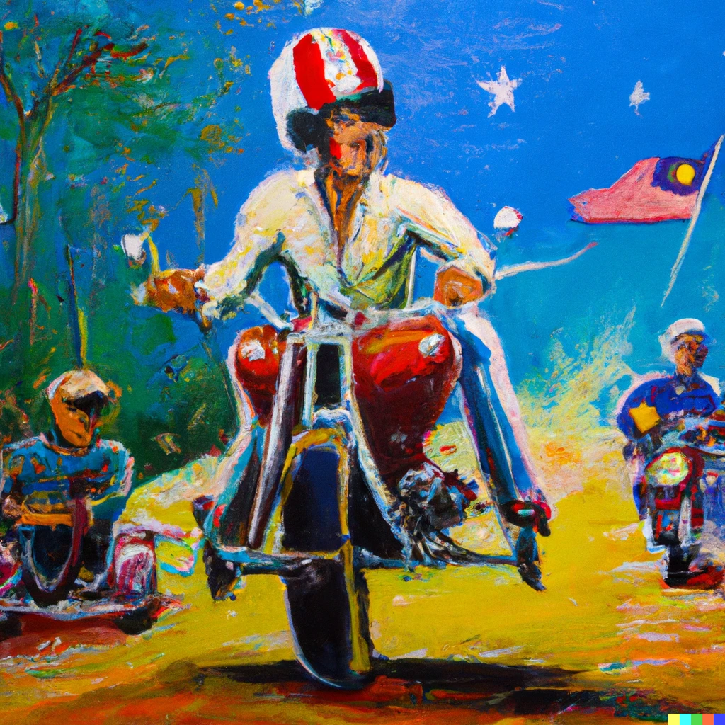 Prompt: oil painting of Evel Knievel riding tricycle in vietnam