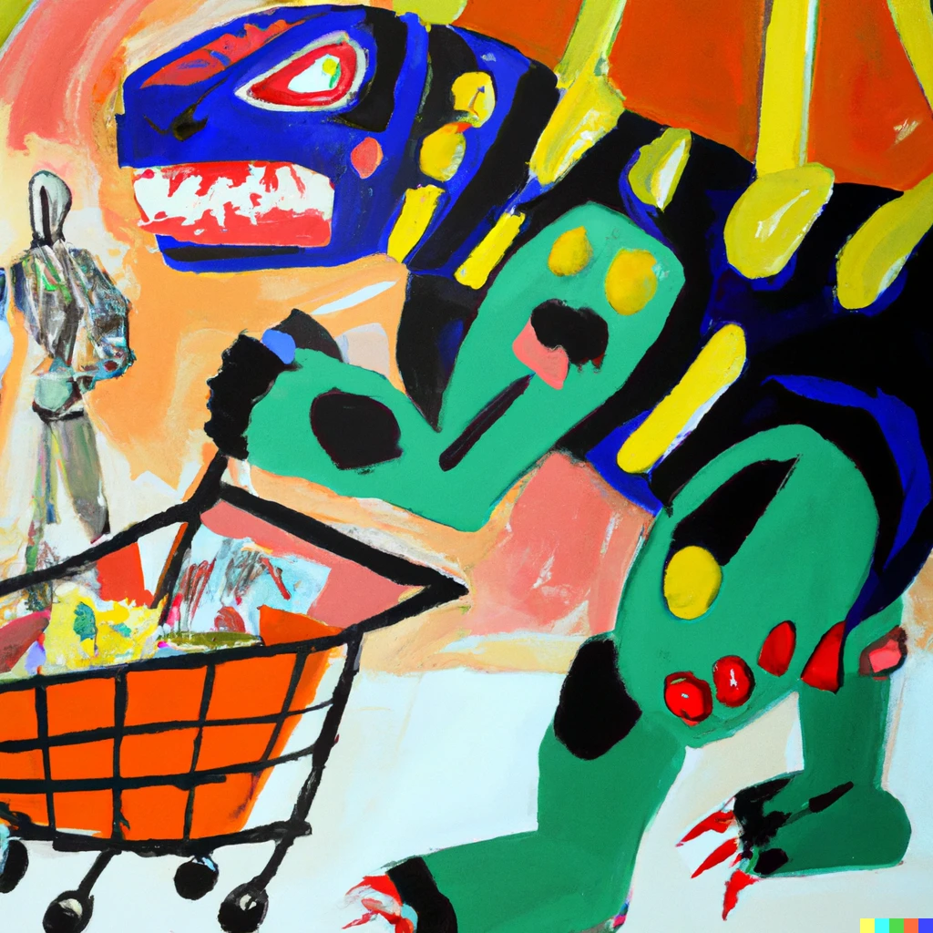 Prompt: matisse oil painting of power ranger grocery shopping with godzilla in trolley 