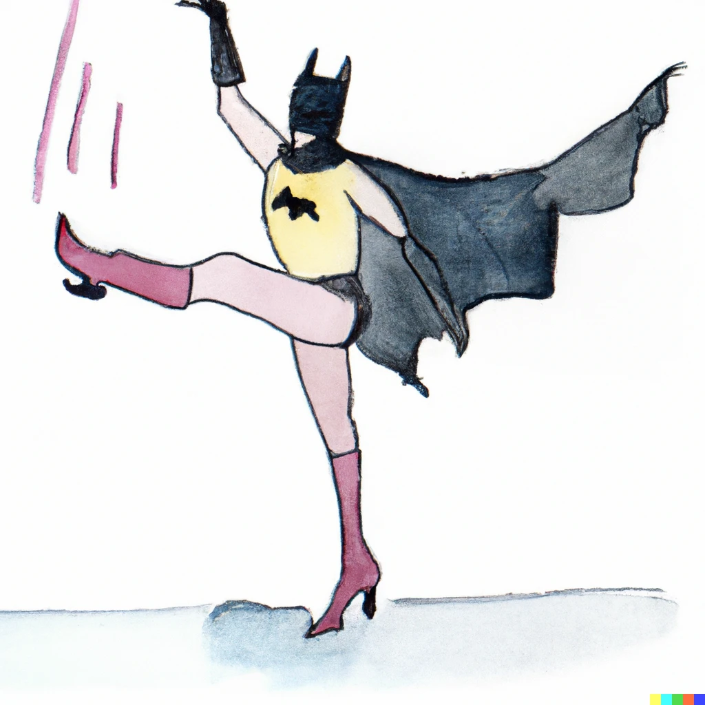 Prompt: batman dancing ballet in heels, watercolour