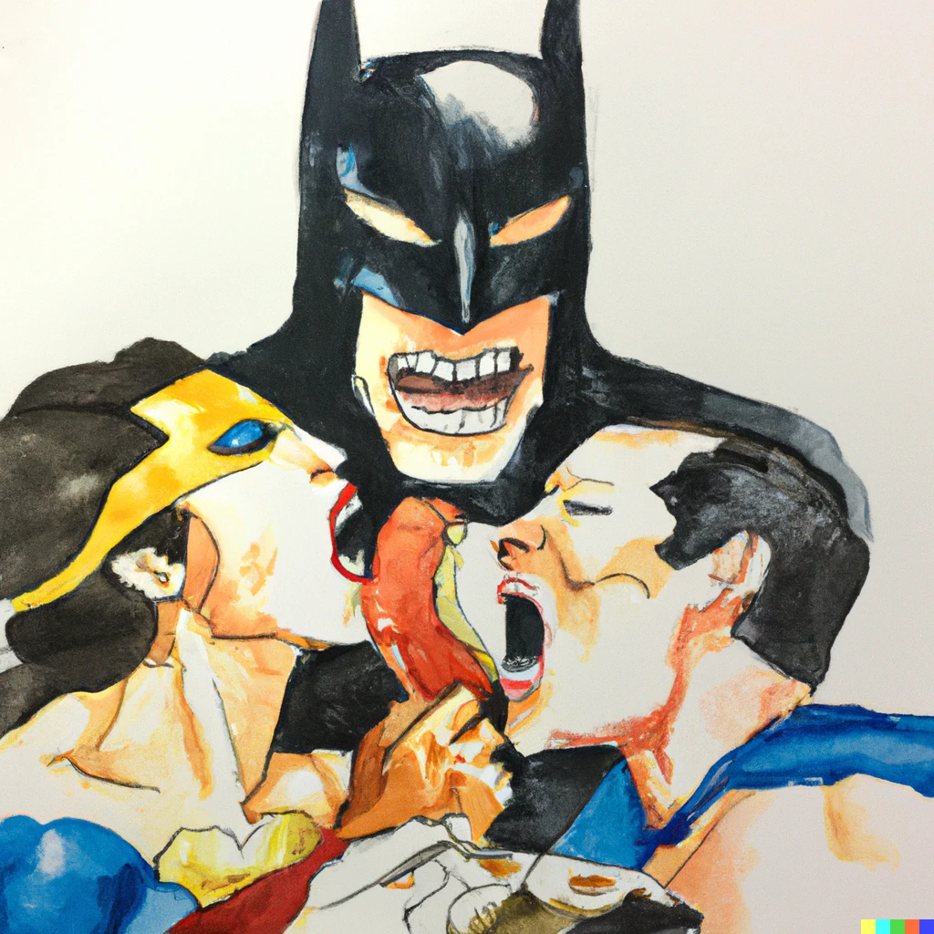 Prompt: batman eating superman eating wonder woman, watercolour