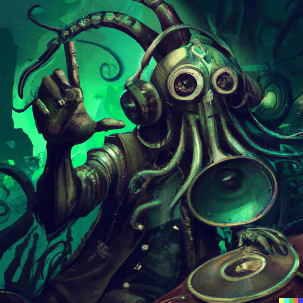 Prompt: DJ Cthullhu shouting to the crowd, digital painting, steampunk