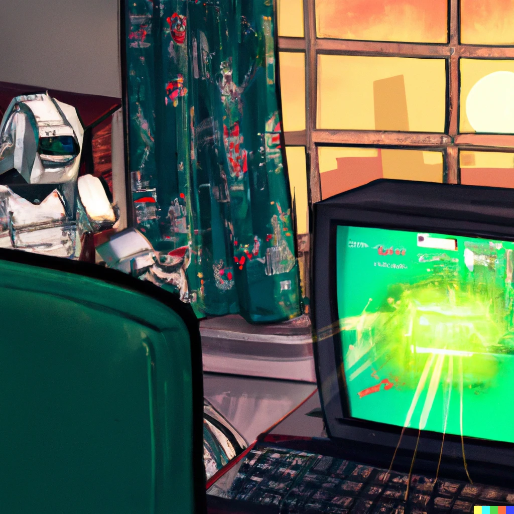 Prompt: Robot playing games on a commodore Amiga. While sitting in a 90s uk bedroom. Out the window we see a nuclear explosion 