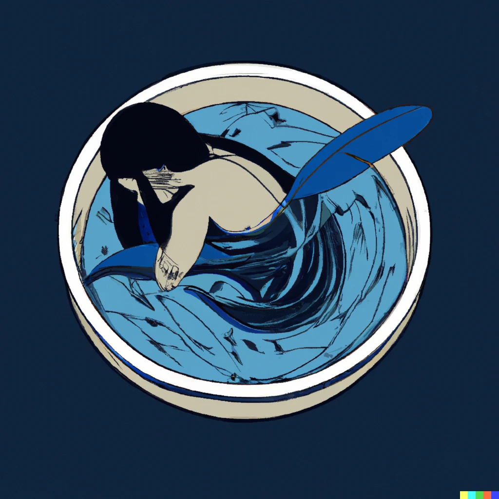 Prompt: blue and black ink girl swimming in a centered rice bowl that is a pool, digital art