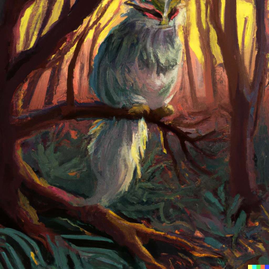 Prompt: 森の中に潜む竜の尾と鷹の爪を持つ山猫の油画