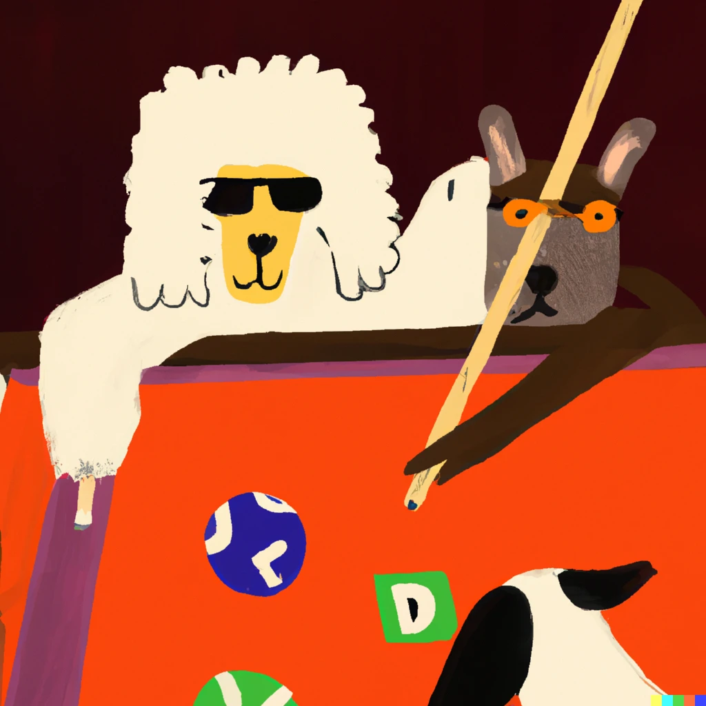 Prompt: dogs playing pool in the style of basquiat