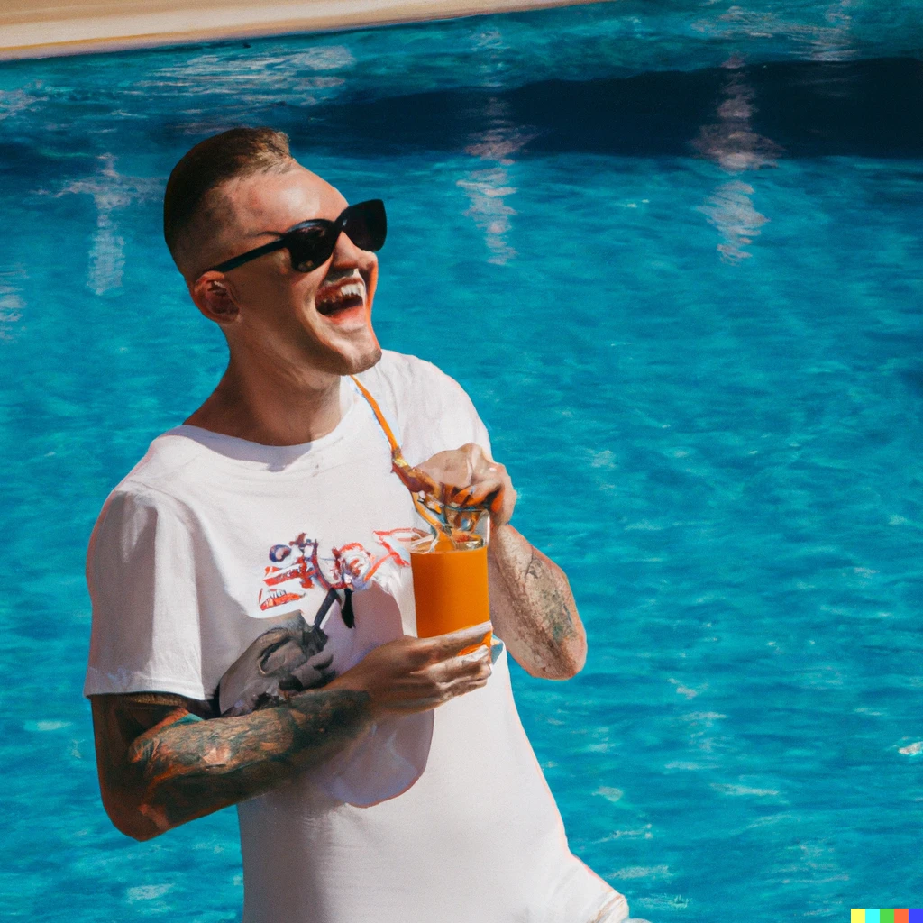 Prompt: A stylish photo of a laughing guy in glasses with a cocktail in the pool on a hot sunny day