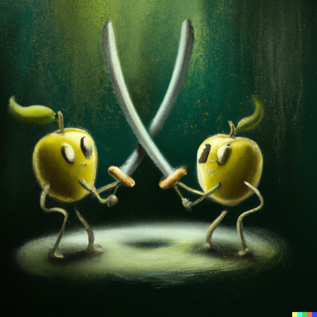 Prompt: Two green apples sword fighting, digital art
