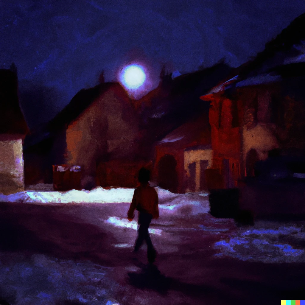 Prompt: a painting of a lonely boy walking along a beautifully lit empty village street at night during winter