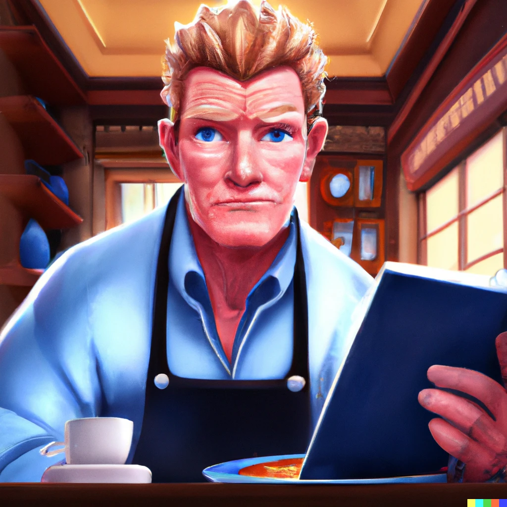 Prompt: gordon ramsay working at ihop, digital art