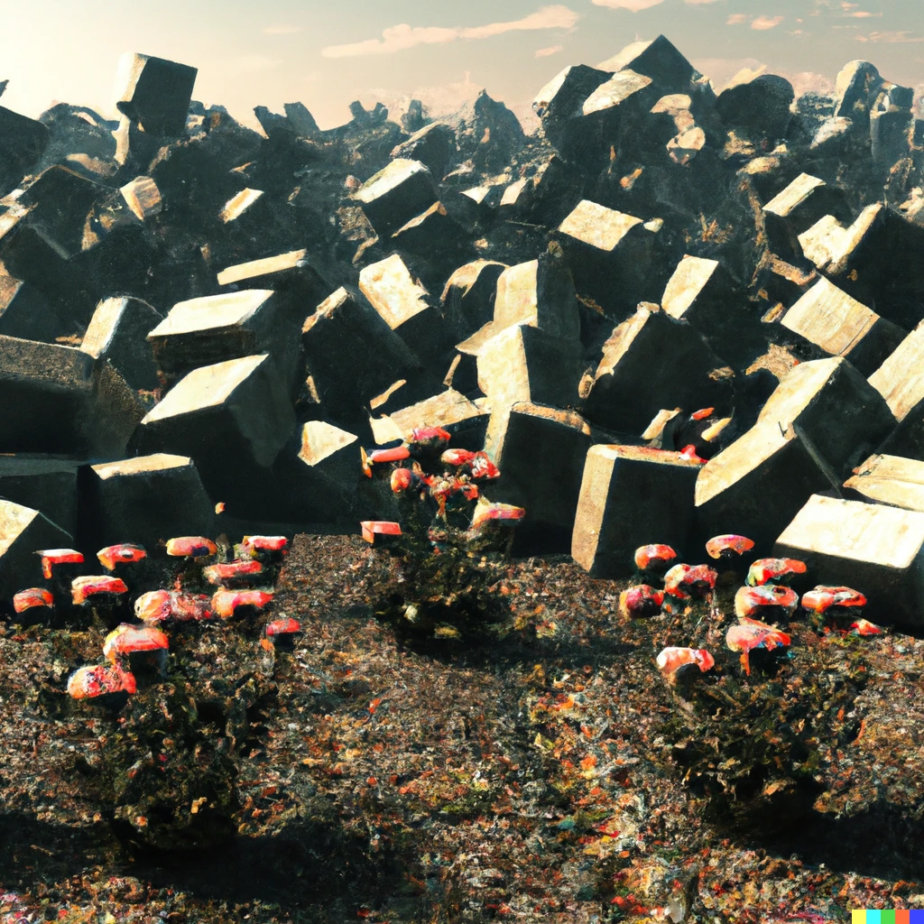 Prompt: Post-apocalyptic wasteland with lots of cubes and derelict flowers